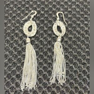 Silver Tassel Dangle Earrings with Pave Rhinestone Hoop